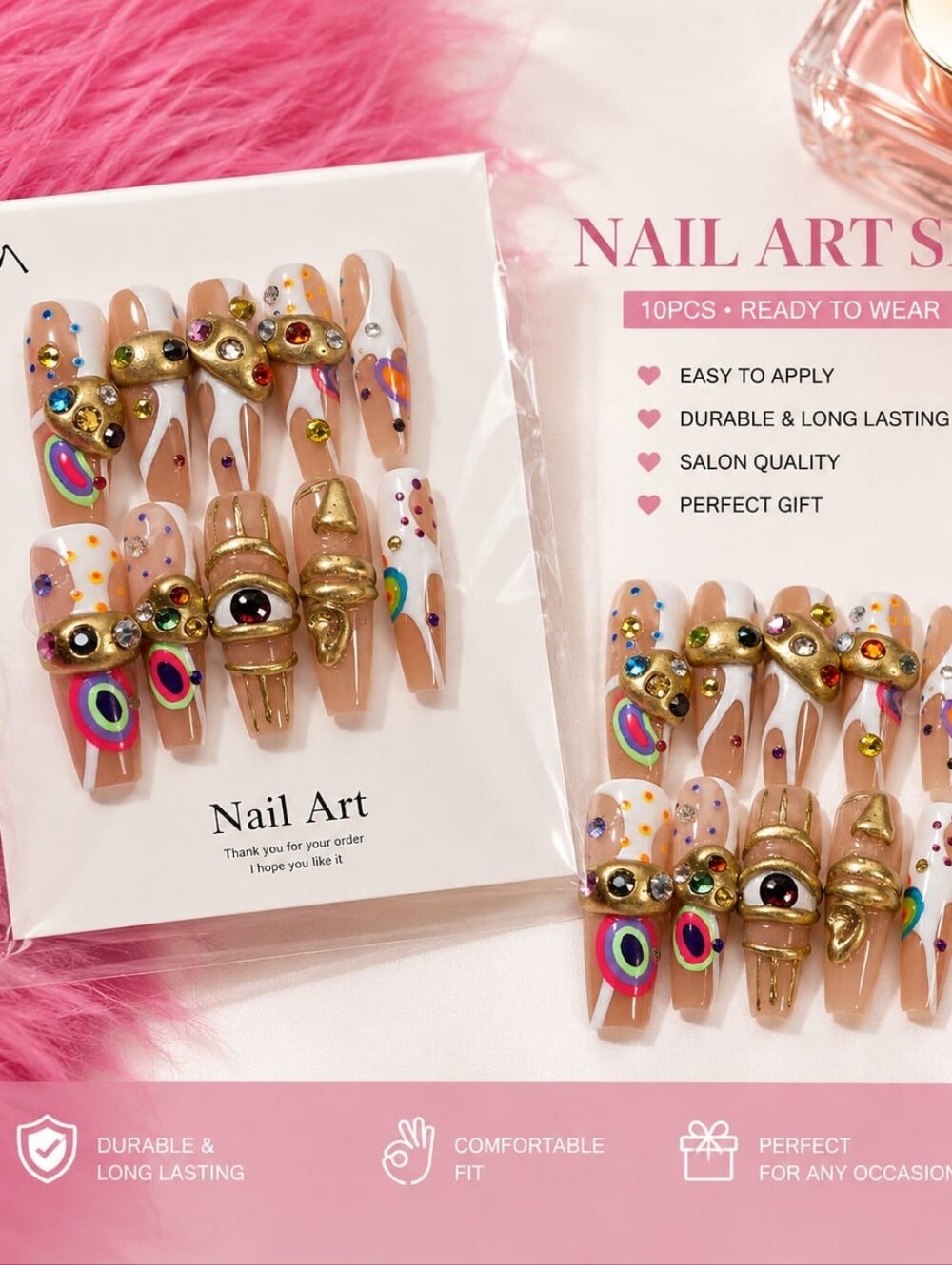 Nail Art Press-On Set in Nude with Multicolor Accents